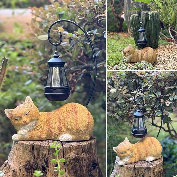 Solar Lantern Cat Statue Outdoor Garden Decor, 13 Inch Tall Cat Statues Resin Cat Figurine with Solar Light, Outdoor Statue Garden Cat Statue Decor for Pathway Yard Lawn Patio & Porch, Gift for Mom