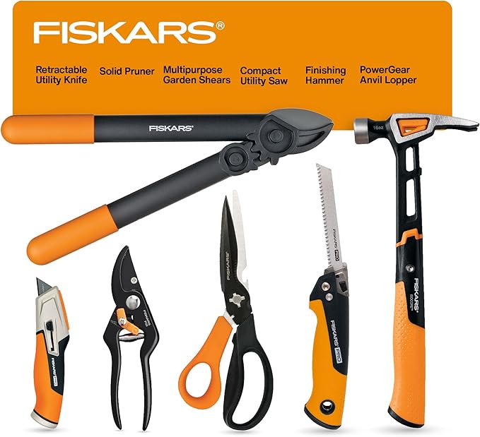 Fiskars Home Essentials Tool Kit with PowerGear Lopper, Shears, Bypass Pruner, Folding Saw with 2 Blades, IsoCore Hammer, and Utility Knife, for Indoor Use and Outdoor Gardening (6 Piece Kit)