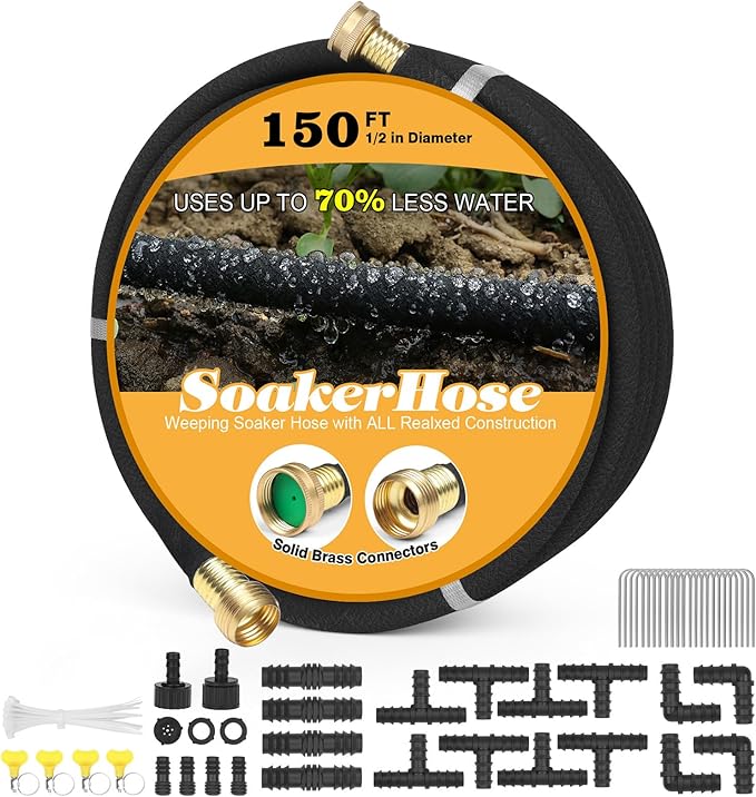 Soaker Hose 150ft for Garden Beds Solid Brass Interface Irrigation Save 70% Water Heavy Duty Rubber 1/2" Diameter Great for gardens/flower beds Accessories Contain Various Connections