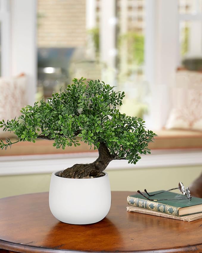 DILATATA Fake Bonsai Tree Zen Juniper Bonsai Plant 9” Tall Artificial Bonsai Trees with White Ceramic Pot Decorated with Pebbles Desk Plant Indoor Bonsai for Home Office Decor