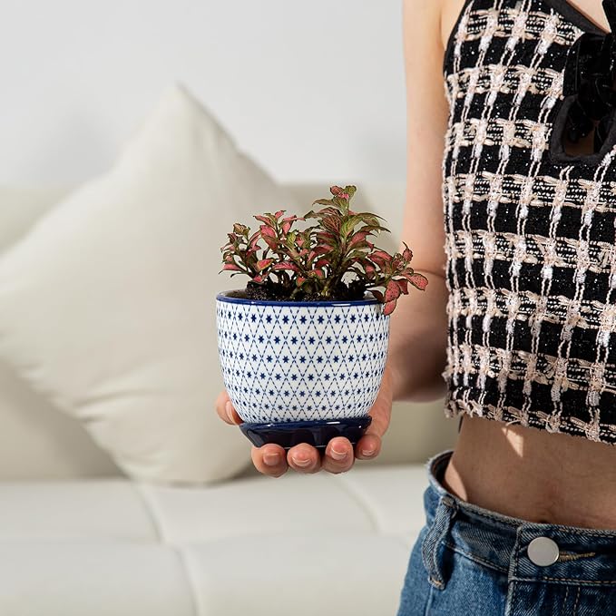 Ceramic Succulent Planter Pots - 3.5 Inch Small Flower Pot with Drainage Holes and Saucers for Indoor Plant, Cactus, Herbs, Outdoor Plants, Home Decor, Set of 4, Vintage Blue