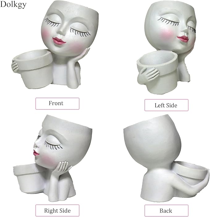 Head Planter Face Flower Pot, Dolkgy Woman Face Planter Unique White Head Planters for Indoor Outdoor Plants, Novelty Plant Pot Cute Lady Head Vase with Drainage Hole for Home Garden Succulents Cactus