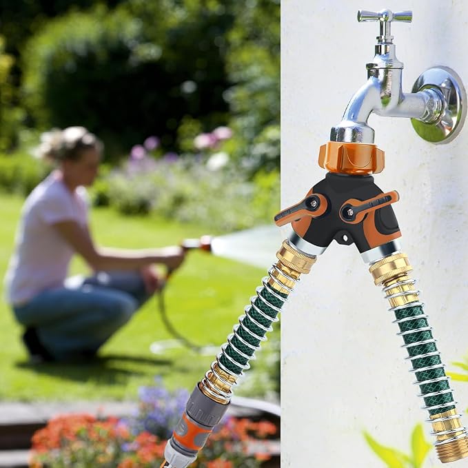 Hose Splitter, Garden Hose Splitter 2 Way Heavy Duty,3/4" Spigot Adapter Connector with 2 Kink Free Faucet Extension Hose Protector 6 Rubber Washers and PTEP Tape for Drip Irrigation, Lawns