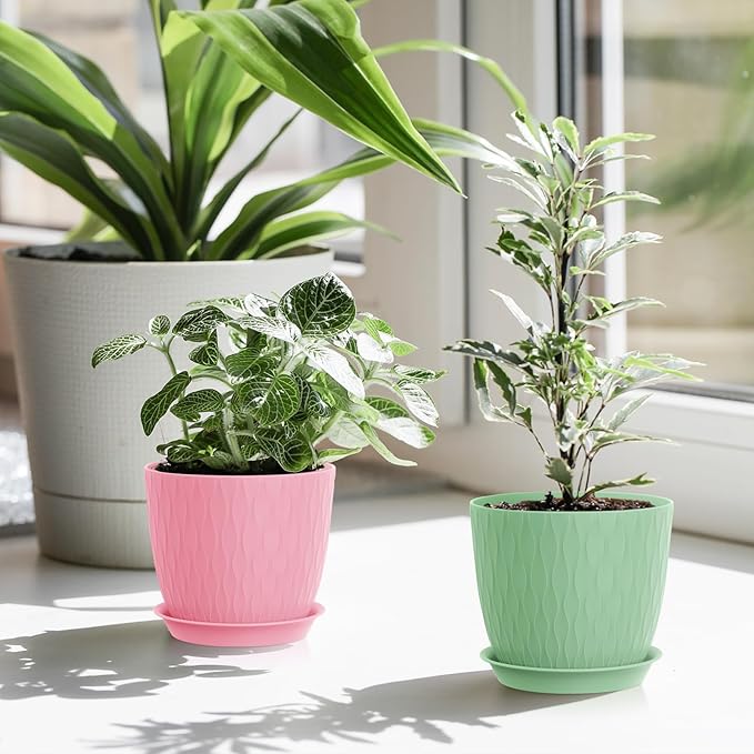 7 inch Plant Pots, 5 Pack Flower Pots with Drainage Holes and Saucers for Indoor Plants, Plastic Planters with Water Ripple for Small Garden House Plants, Nursery Pots for Succulent, Colorful
