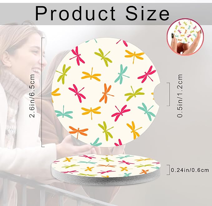 Colorful Dragonfly Car Coasters,Ceramic Absorbent Cup Holders with Finger Notch & Cork Base Car Assecories for Women/Men 2.6"(2 Pieces)