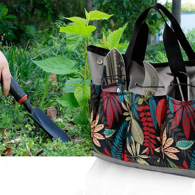 Garden Tool Bag Maple Leaf Gardening Bag with 8 Pockets Canvas Garden Tote Bag Women Men Garden Plant Tool Storage Bag (Tools NOT Included)