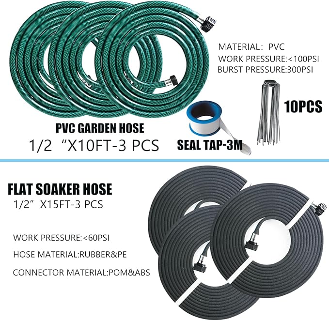 AMRITA Soaker Hose Kit 1/2 inch 15ft Soaker Hose (3Pack) and1/2 inch 10ft PVC Garden Hose(3Pack), Great for Garden Beds,Vegetables,Flowers(1/2-45ft+30ft)