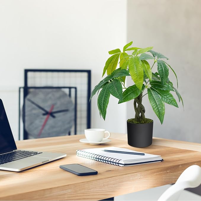 HUAESIN 18 inches Artificial Money Tree Faux Tree Table Top Fake Potted Plants Indoor Small Silk Tree Pachira Aquatica for Home Table Bedroom Kitchen Office Porch Decor Aesthetic