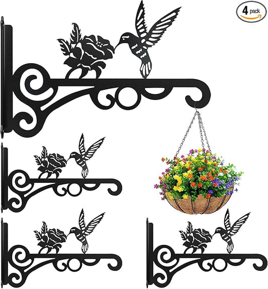 4-Pack 10 Inch Aesthetic Plant Hanger Indoor and Outdoor – Metal Hanging Plant Bracket with Hummingbird Pattern – Heavy Duty Plant Hooks for Hanging Flower Baskets, Bird Feeder, Wind Chime, Lantern