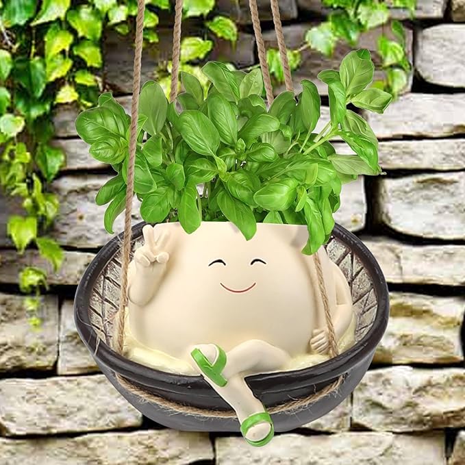 Hanging Swing Chair Planter Pot Resin Smile Face Plant Pot for Indoor Outdoor Plants Cute Head Flower Pots for Succulent String of Pearls Unique Gift for Mother's Day, Birthday