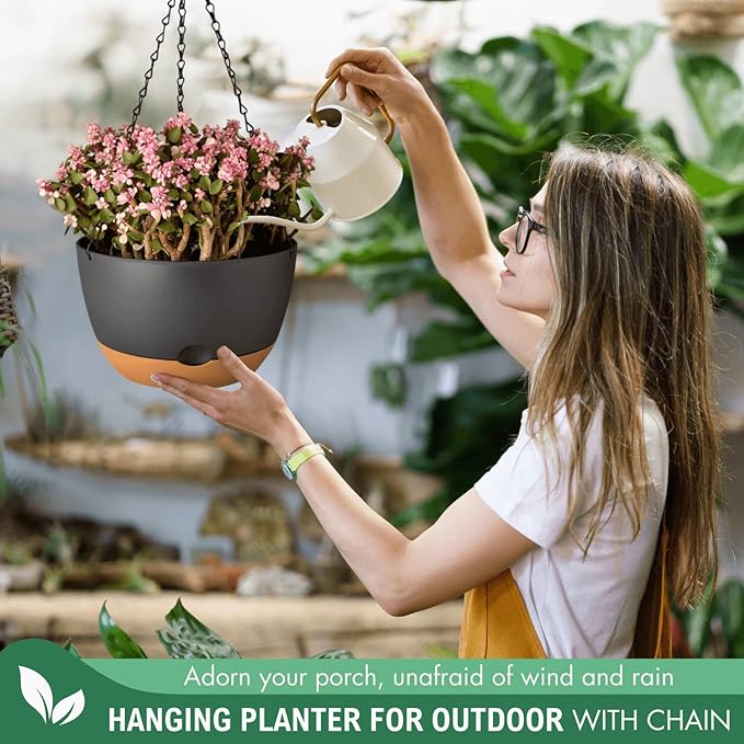 10 Inch Hanging Planters for Indoor Plants,Set of 2 Hanging Pots for Plants with Self-Watering, Outdoor Hanging Plant Pot with Drainage and 2 Kinds of Hanging Baskets Hangers for Home Decor and Garden