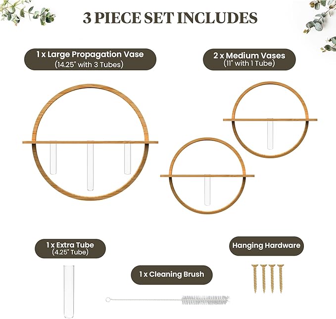 Propagation Stations - Set of 3 Bamboo Wall Planters for Indoor Plants | Propagation Wall Hanging with 5 Glass Plant Propagation Tubes | Plant Propagation Station Wall Vase