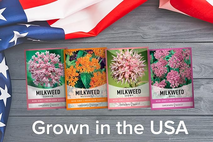 Gardeners Basics, Milkweed Seeds for Monarch Butterflies (4 Variety Pack) Common, Showy, Butterfly and Rose Varieties Attracts Butterflies, Bees and Pollinators Heirloom Flower Seeds Wildflower Seed