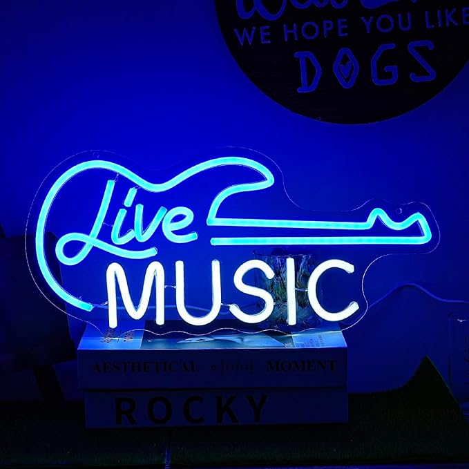 Guitar Neon Sign Blue White Live Music for Wall Decor Dimmable Guitar Led Light up Sign Letter Neon Signs Art Decorative Lights for Music Studio Live Streams Nightclub