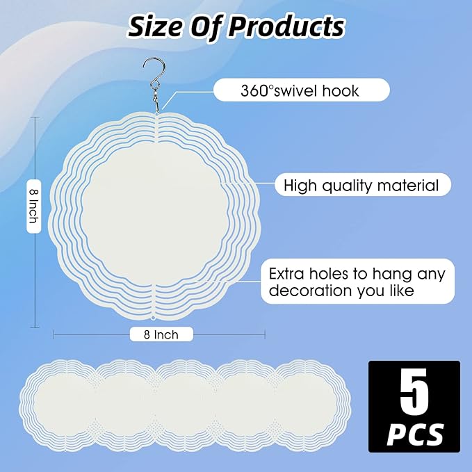 5 Pack Sublimation Wind Spinner Blanks 8 Inch Wind Spinners Sublimation Blanks 3D Aluminum Metal Wind Spinners for Yard and Garden Indoor Outdoor Window Porch Front Door Decoration Round