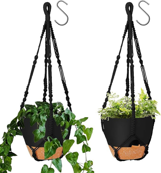 GARDIFE 10 Inch Hanging Planters with Macrame Plant Hanger for Indoor and Outdoor Plants, 2 Pack Large Self Watering Hanging Plant Pot with Basket Flower Pot with Drainage Hole, Black