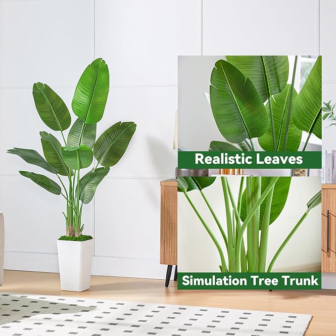 Lifelike Bird of Paradise Silk Artificial Plant Faux Banana Leaf Tree for Home Decor - Perfect Indoor Floor Plant with 9 Trunks (1, Black Planter, 6 FT)