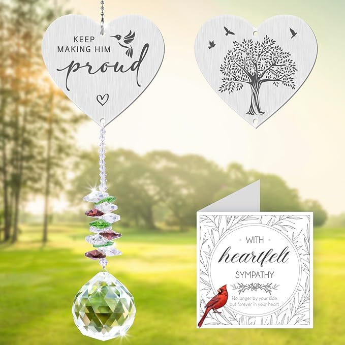 Keep Making Him Proud,Crystal Suncatcher Bereavement Keepsake,Memorial Gift for Loss of Dad,Grandpa,Uncle,Hanging Crystals Ornament for Window Rainbow Maker Prisms Home Decor Gift