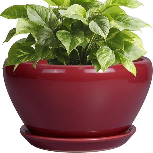 Ceramic Plant Pot 9 Inch - Planter Pot with Drainage Hole and Saucer, Round Large Planter for Indoor Plants, Outdoor Flower Pot for House Patio Decor, Red