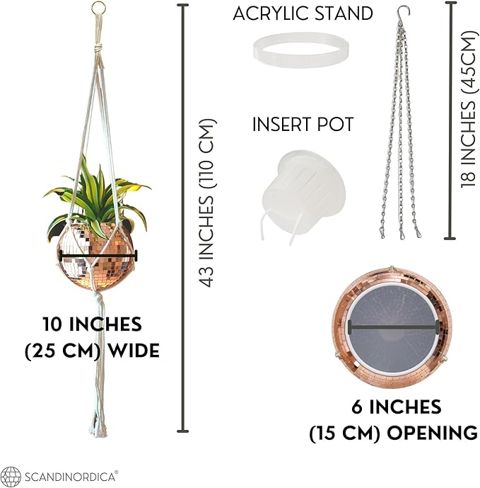 SCANDINORDICA Disco Ball Planter – Value Package: Mirror Disco Planter with Chain, Macrame Hanger and Acrylic Stand for Desk, Self Watering Insert, Plant Lover Gifts | 10 inch Rose Gold