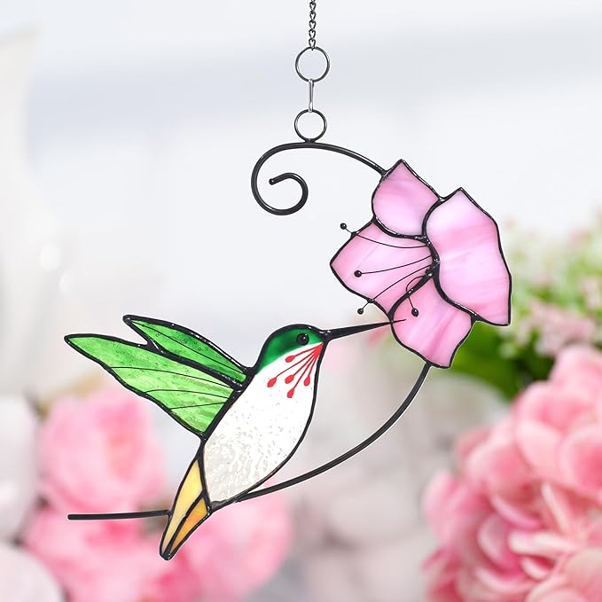 Lolitarcrafts Hummingbird with Flower Stained Glass Suncatcher Bird Stained Glass Window Hangings Hummingbird Gift for Home Decor (Green with Flower)