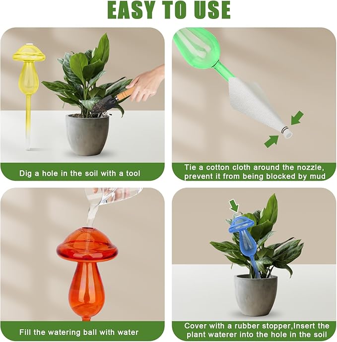 HYH Plant Watering Globes 4 Pack Colorful Mushroom Plant Watering Devices for Indoor & Outdoor Plants Self Watering Planter Spikes Insert Made from Hand-Blown Glass Gradient Rainbow Watering Globes