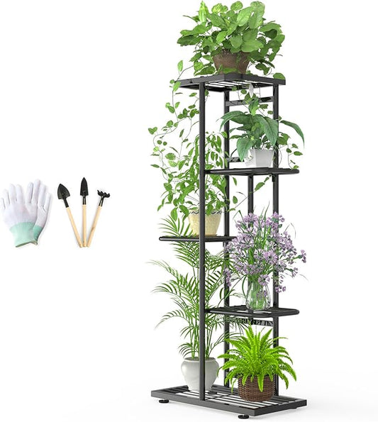 5 Tier 6 Potted Plant Stand Indoor with Gardening Tools and Gloves, Upgraded Corner Tall Metal Plant Shelf Organizer Outdoor, Multiple Flower Pot Holder Display Rack (5 -Tier Black)