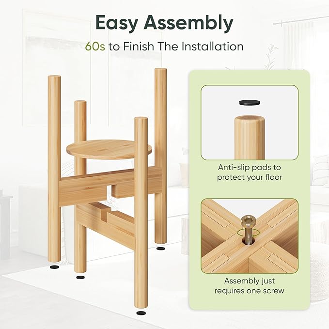 2 Pack Adjustable Plant Stand, Bamboo Plant Stand Indoor with Tray, Wood Plant Stand for 8 to 12 inches Flower Pots, Single Mid Century Modern Plant Stand for Indoor Plants, Natural