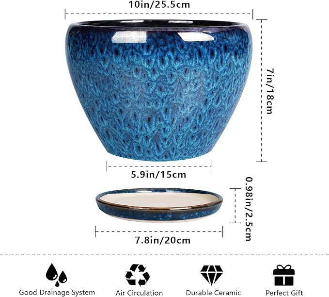 10 Inch Ceramic Planter Pot, Ceramic Plant Pot for Indoor Outdoor Plants, Large Flower Pot with Drainage Hole and Saucer, Blue