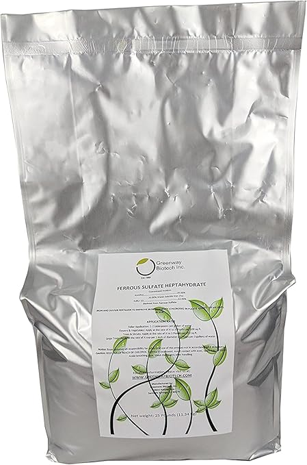 Greenway Biotech Ferrous Sulfate Heptahydrate Fertilizer Includes 20% Iron (Fe) 12% Sulfur & 100% Water Soluble Powder- Organic Lawn Fertilizer for Vegetables and Plant Growth (2X 25 Pounds)