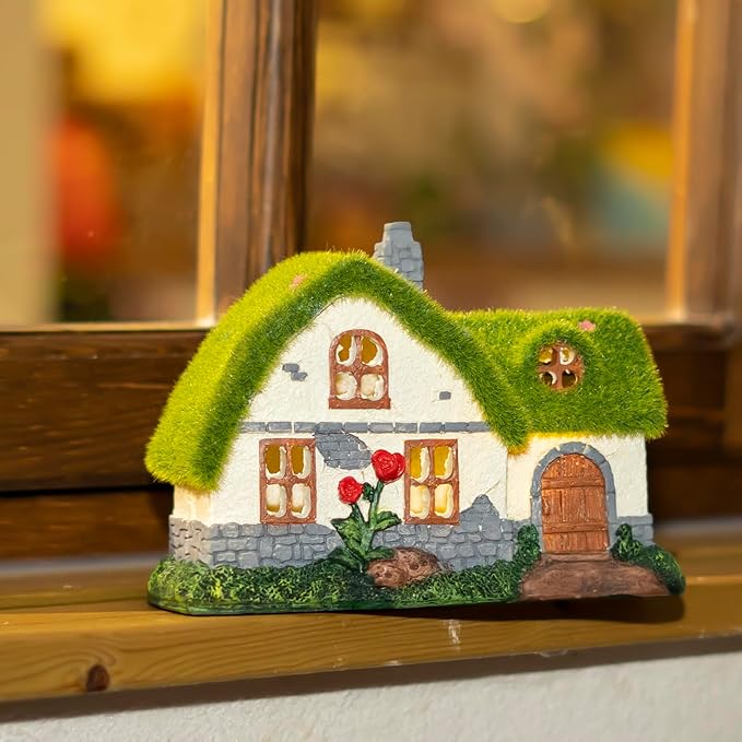 Solar Fairy House Garden Statue with Flocked Decor - Outdoor Garden Cottage Figurine with Lights, Figurine for Outdoor Patio Lawn Porch Garden Decorations