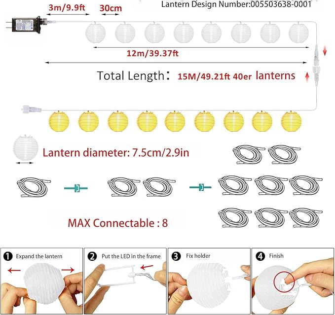Solar Lantern String Lights Waterproof Outdoor, 40ft 40Led Warm White & Multi-Color Garden Lights Hanging Hemp Rope Nylon Lanterns with Remote, Timer for Yard, Balcony, Fences, Porch, Patio, Party