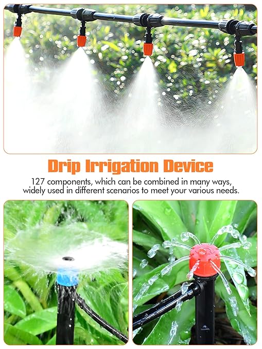 182FT Automatic Drip Irrigation Kit, Kalolary Garden Watering System with 1/4" 5/16" Distribution Tube Micro Patio Misting Equipment Adjustable Nozzle Sprinkler Emitters Barbed Fittings for Greenhouse