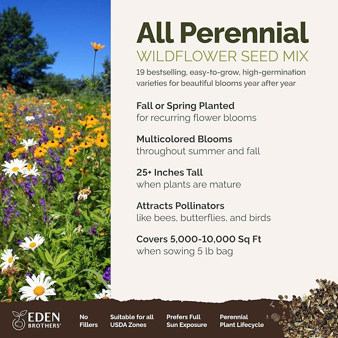 Eden Brothers All Perennial Wildflower Mixed Seeds for Planting, 5 lb, 2,400,000+ Seeds with Lupine, Shasta Daisy| Attracts Pollinators, Plant in Spring or Fall, Zones 3, 4, 5, 6, 7, 8, 9, 10