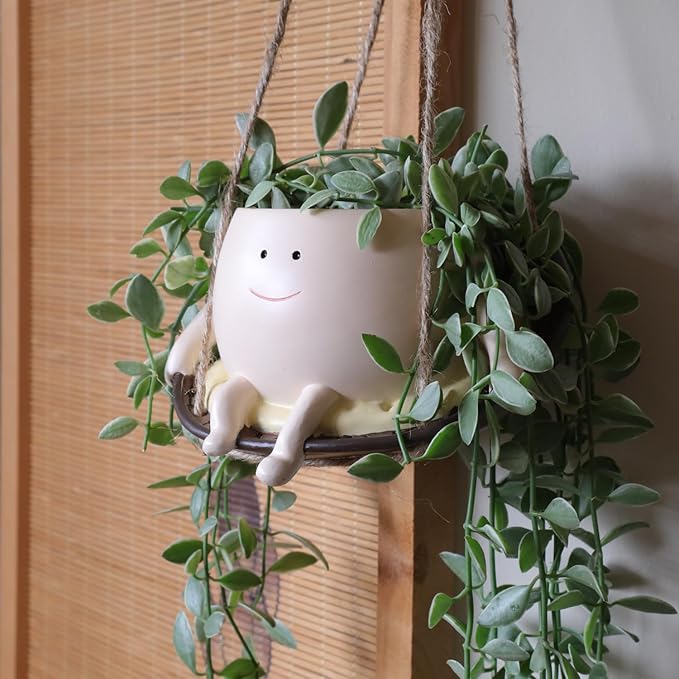 Hanging Swing Chair Planter Pot Resin Smiley Face Planter for Indoor Outdoor Plant Cute Head Flower Pots for String of Pearls Plant Live Unique Gift IdeaI for Mother Day, Christmas (Small)