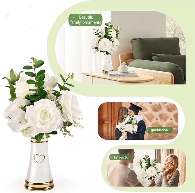 LoveLin Artificial Faux Flowers with Ceramic Vases,Affordable Luxury Artwork,Housewarming New Year Xmas Box for Wife Father,Living Dining Room Bedroom Office Hotel Home Decor White