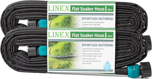LINEX Garden Flat Soaker Hose 50 ft for Garden Beds, 1/2'' x 25 ft 2 Pack Drip Irrigation Hoses Save Water 80% Heavy Duty for Vegetable