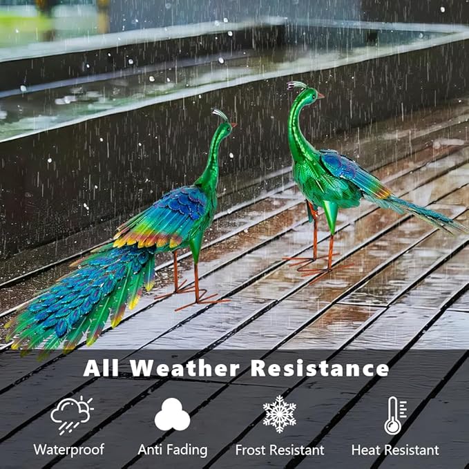 DREAMSOUL Set of 2 Peacock Garden Statues Metal Garden Sculptures & Statues Yard Art Peacock Statue