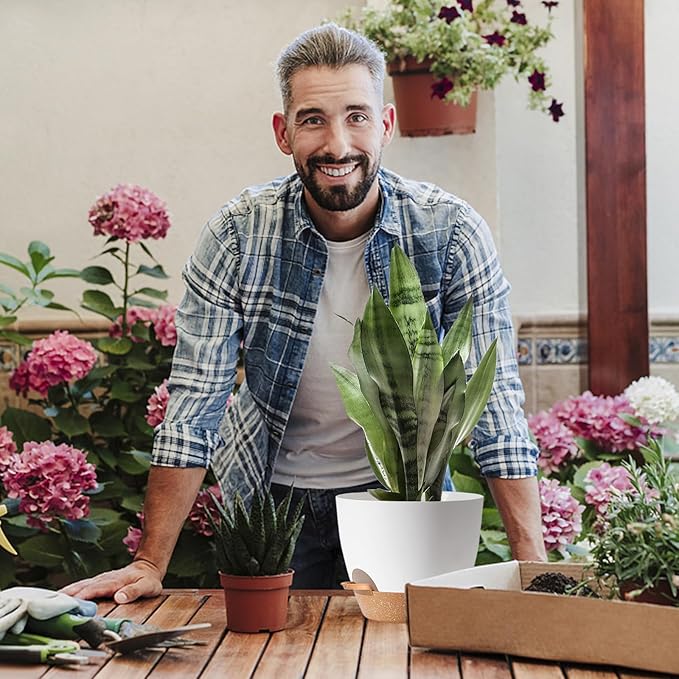 White Self Watering Pots with Drainage Planting Pots for HousePlants Plastic Flower Pots Outdoor Plant Pots Gift Idea Decorative Flower Pots Draining Pots for Indoor Plants