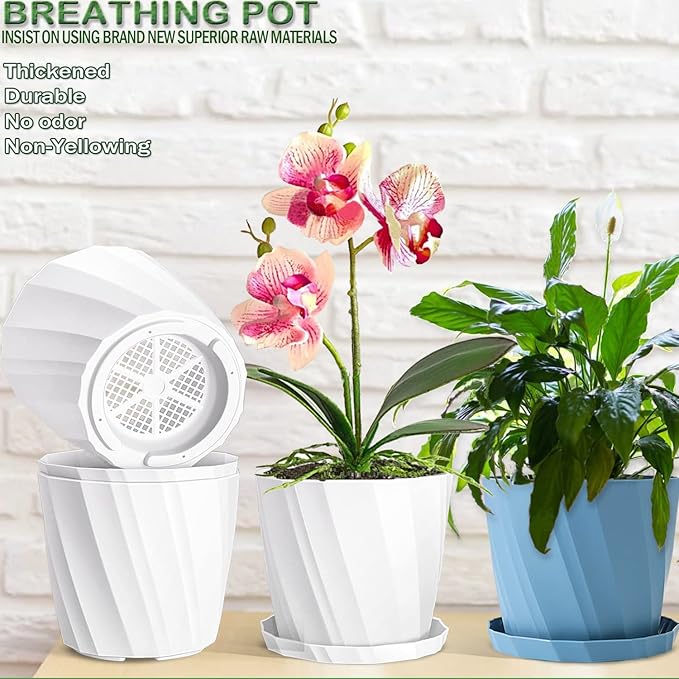 8 Inch Plant Pots with Drainage Holes and Saucers - Flower Pots for Indoor Plants - White Plastic Planters for Outdoor Plants - House Planting Pots Set