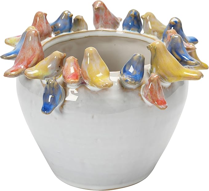 Creative Co-Op Stoneware Planter with Birds on Rim, Reactive Glaze