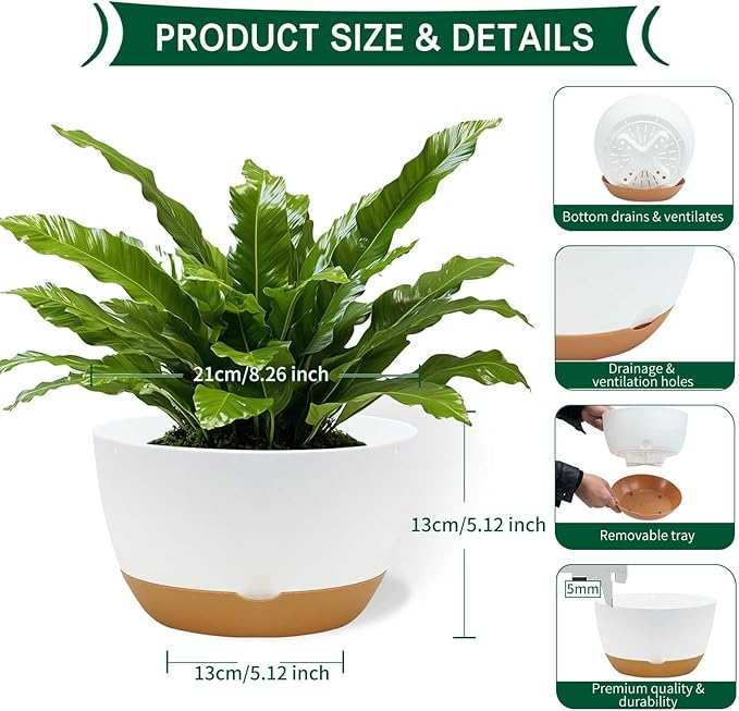 8 Inch Pots for Indoor Plants, Self Watering Planters with Drainage and Saucers, Plastic Outdoor Flower Pot, Set of 2, White