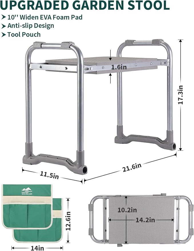 Garden Kneeler and Seat, Foldable Garden Stool 10.2" Width, Heavy Duty Knee Seat for Gardening with 2 Tool Pouches & Gloves, Gardening Accessories for Women, Grandparents, Seniors (Green)