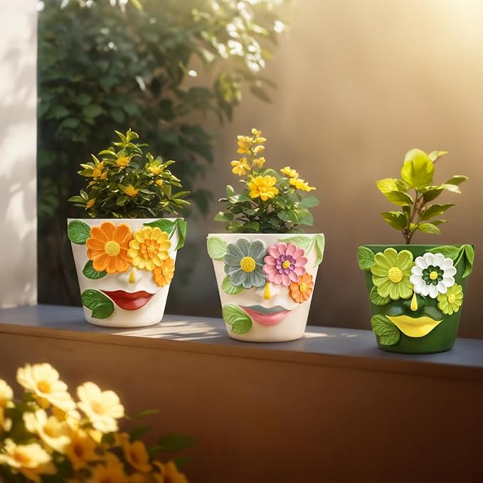 GUGUGO Abstract Face Flower Planters Colorful Unique Rainbow Head Planter with Drainage, Cute Flower Plant pot for Indoor Plants, Eclectic Succulent Gardening Pot for Home Décor (Orange&Yellow, 5Inch)
