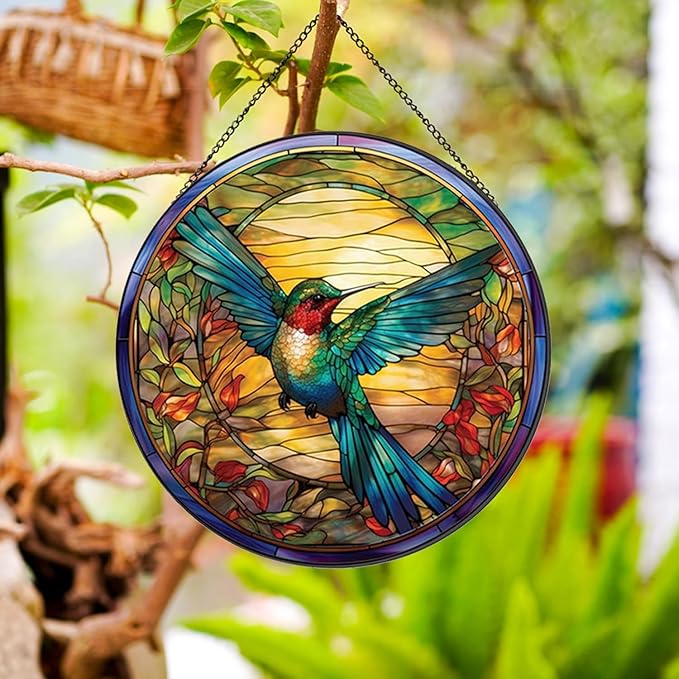 Hummingbirds Pattern Stained Glass Suncatchers for Windows,Hanging Stained Glass Suncatcher,20cm/7.87inch Hand-Painted Sun Catcher Garden Hangings Painted Glass Panel Decor Themed Gift
