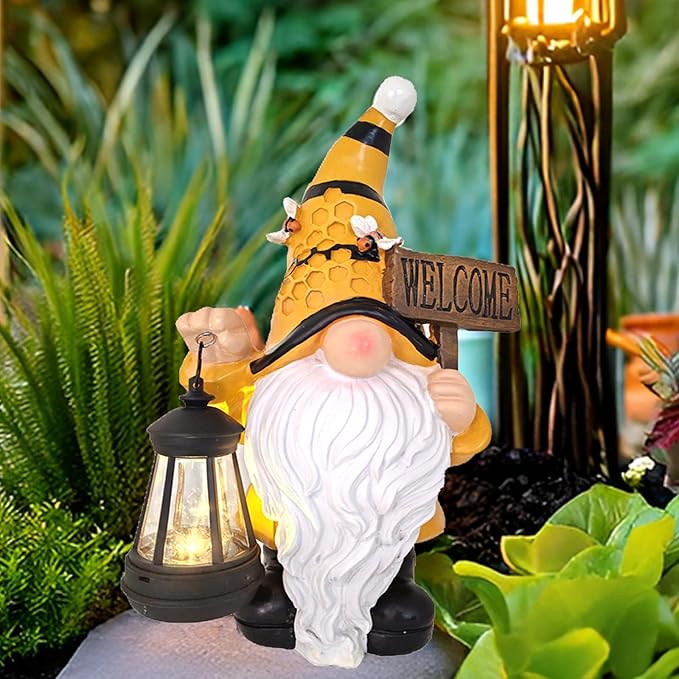 Gnome Garden Statues with Solar Lights Outdoor Gnomes Sculpture Yard Patio Decor for Lawn Ornaments Gardening Gifts(Bee Gnome