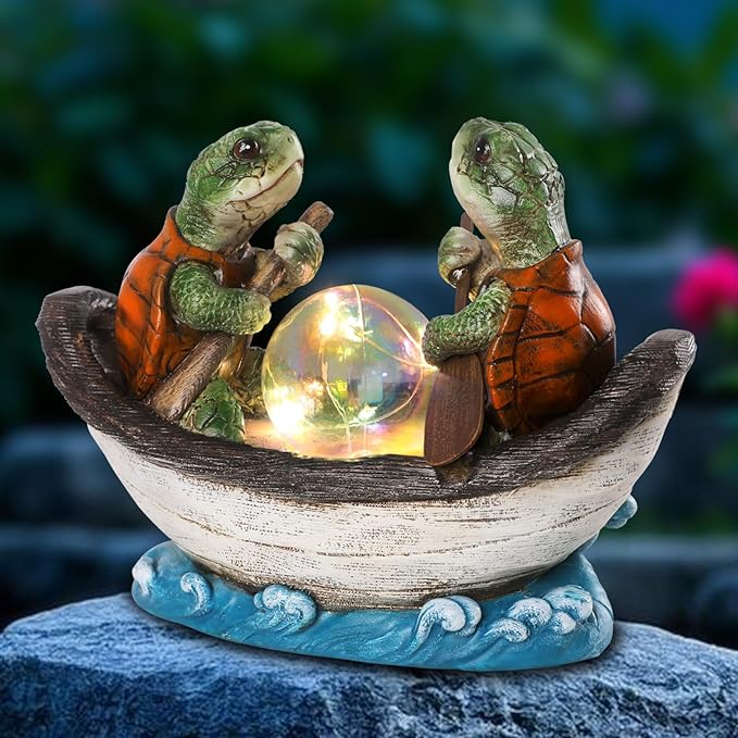 Solar Turtles Boating Garden Statue with Ball Light 5.5" Resin Turtle Figurines Outdoor Statues for Garden Patio Porch Yard Lawn Women Kids Men