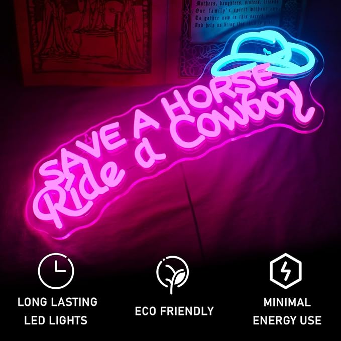 WLHOPE Save A Horse Ride A Cowboy Neon Sign Adjustable Brightness Led Sign,Neon Signs for Wall Decor,Connectivity Via USB Licked Neon Light for Bedroom Home Bar Club Hotel Party Decor