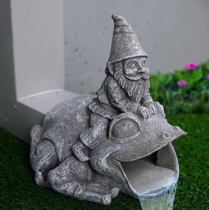 Gutter Downspout Extension - Downspout Splash Block - Downspout Diverter Garden Statue (Gutter in The Form of Funny Gnome on a Frog)