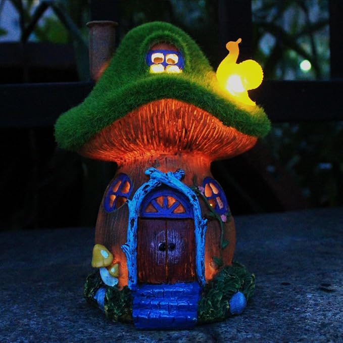 Mushroom Garden Statues,Outdoor Fairy House Figurine with Solar Powered Garden Light, Gifts for Women Mom Grandma Halloween Decor or Yard Decor (Resin)